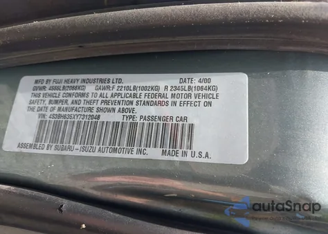 2000 Subaru Legacy L из США, поврежденный, VIN 4S3BH635XY7312048